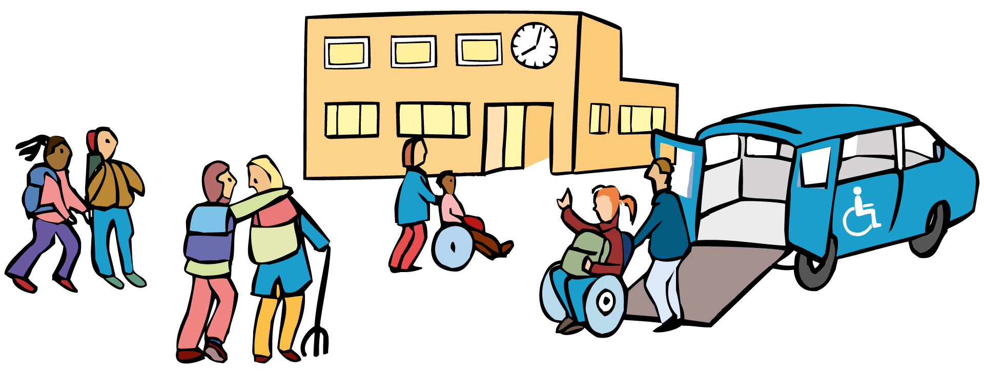 Das ist eine Zeichnung. Die Zeichnung ist bunt. Die Zeichnung ist für den Bereich: Förderschule. Die Zeichnung zeigt Schüler*innen vor einer Schule. Ein Schüler sitzt im Rollstuhl. Eine Schüler-in hat eine Geh-Hilfe.