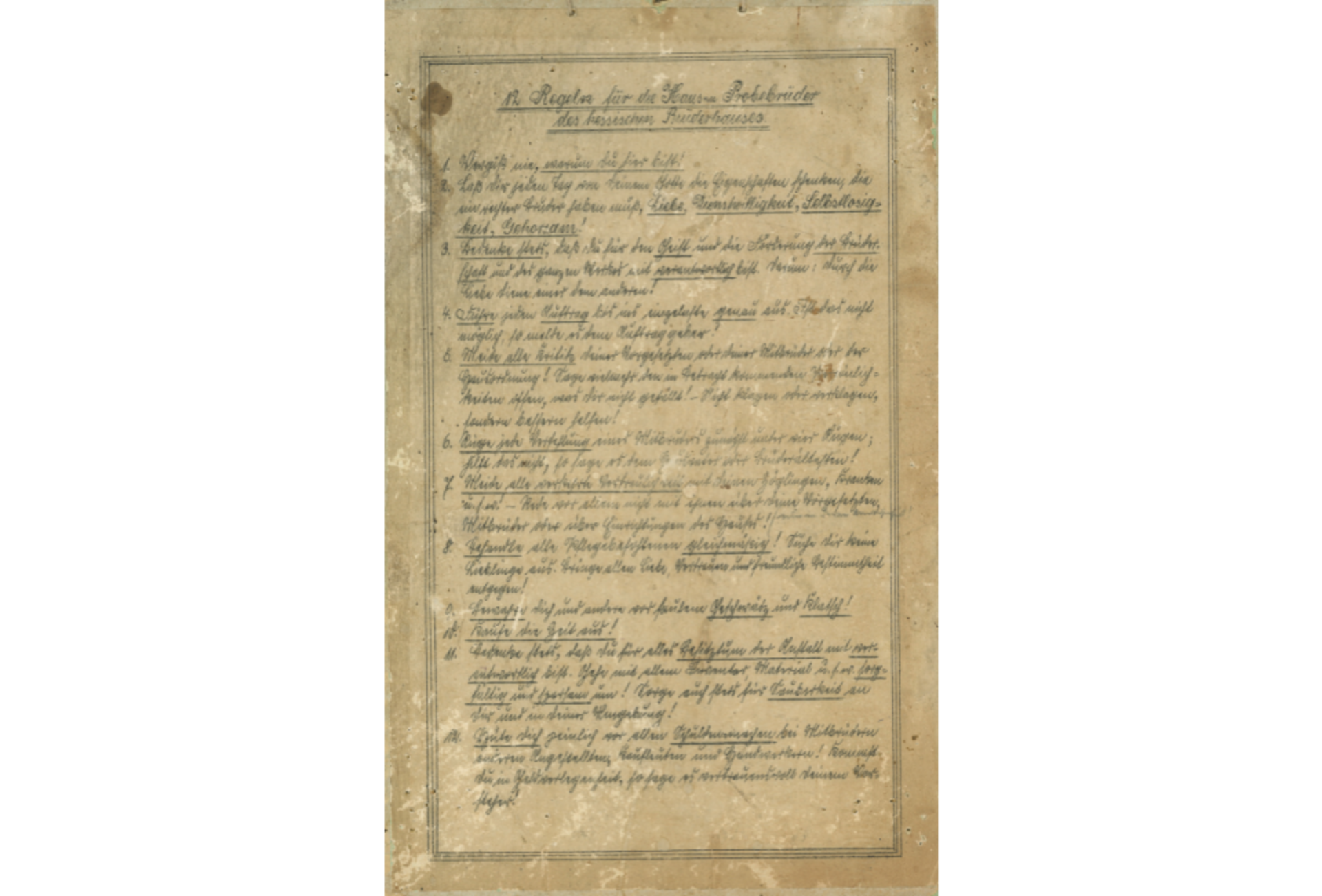 Historisches Dokument mit Regeln im Brüderhaus
