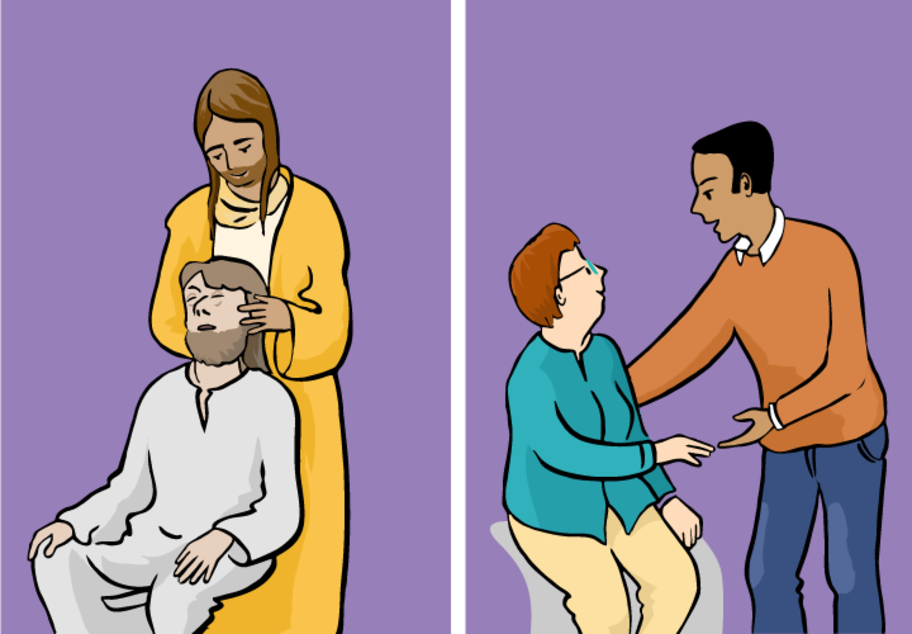 Das ist eine Zeichnung. Die Zeichnung ist bunt. Die Zeichnung hat 2 Teile. Der eine Teil zeigt eine Geschichte aus der Bibel. Jesus heilt einen blinden und gehörlosen Mensch. Der andere Teil zeigt 2 Menschen. Der eine Mensch hilft dem anderen Mensch. 