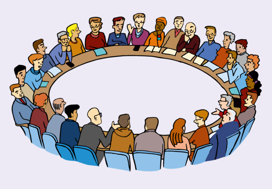 Das ist eine Zeichnung. Die Zeichnung zeigt einen Kreis von Menschen. Die Menschen sitzen an einem runden Tisch. Die Menschen haben Anzüge oder Kleider an. Die Menschen sprechen zusammen.